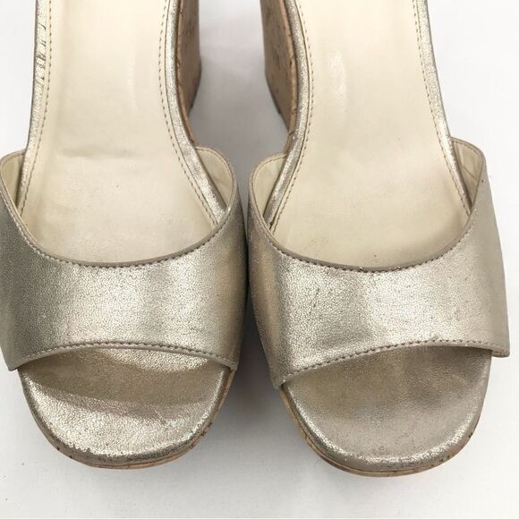 Steve Madden Metallic Gold Tone Cork Wedge Open Toe Sandals - Picture 8 of 15